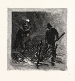 NEW BRUNSWICK, EMPTYING SALMON NETS BY TORCHLIGHT, CANADA, NINETEENTH CENTURY ENGRAVING
