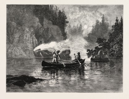 NEW BRUNSWICK, SPEARING SALMON BY NIGHT ON THE RESTIGOUCHE, CANADA, NINETEENTH CENTURY ENGRAVING