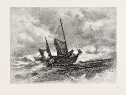 NOVA SCOTIA, FISHERMEN LANDING IN A GALE, CANADA, NINETEENTH CENTURY ENGRAVING