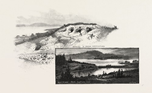 NOVA SCOTIA, LOUISBURG: REMAINS OF FRENCH FORTIFICATIONS (TOP); NEW TOWN FROM SLATTERY COVE