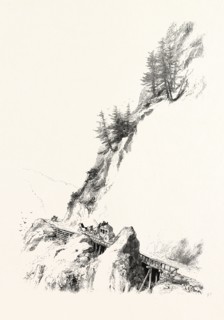 BRITISH COLUMBIA, WAGGON ROAD ON THE FRASER, CANADA, NINETEENTH CENTURY ENGRAVING