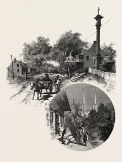 QUEBEC, WAYSIDE CROSS AND BEAUPORT CHURCH, CANADA, NINETEENTH CENTURY ENGRAVING