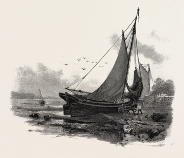 FRENCH CANADIAN LIFE, LOADING A BATTEAU AT LOW TIDE, CANADA, NINETEENTH CENTURY ENGRAVING