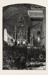 FRENCH CANADIAN LIFE, INTERIOR OF PARISH CHURCH, CANADA, NINETEENTH CENTURY ENGRAVING