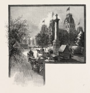 MONTREAL, CITY HALL AND NELSON'S MONUMENT, CANADA, NINETEENTH CENTURY ENGRAVING