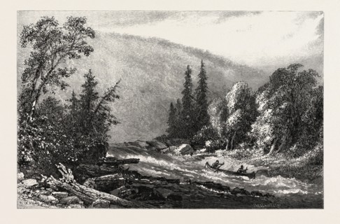 RUNNING THE RAPIDS, CANADA, NINETEENTH CENTURY ENGRAVING