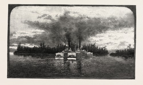 LOWER OTTAWA, A TOW OF LUMBER BARGES, CANADA, NINETEENTH CENTURY ENGRAVING