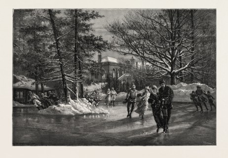 OTTAWA, GOVERNMENT HOUSE, FROM SKATING POND, CANADA, NINETEENTH CENTURY ENGRAVING