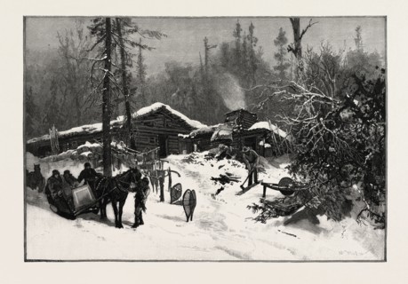 LUMBERMEN'S CAMP, CANADA, NINETEENTH CENTURY ENGRAVING