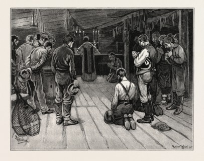 MASS IN A LUMBER SHANTY, LUMBERING, CANADA, NINETEENTH CENTURY ENGRAVING