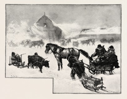 Arrival of supply train at Lumber Depot, LUMBERING, CANADA, NINETEENTH CENTURY ENGRAVING
