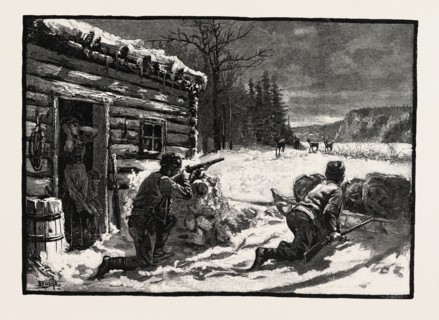 A SETTLER'S SHANTY, , LUMBERING, CANADA, NINETEENTH CENTURY ENGRAVING