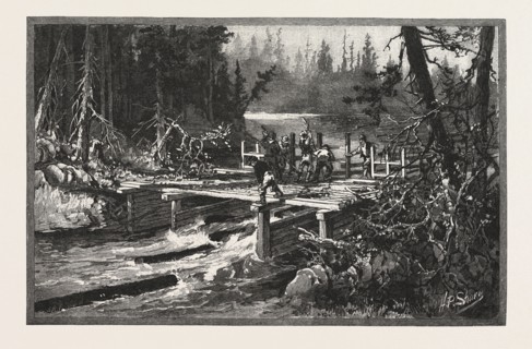 DAM ON TUQUE CREEK, LUMBERING, CANADA, NINETEENTH CENTURY ENGRAVING
