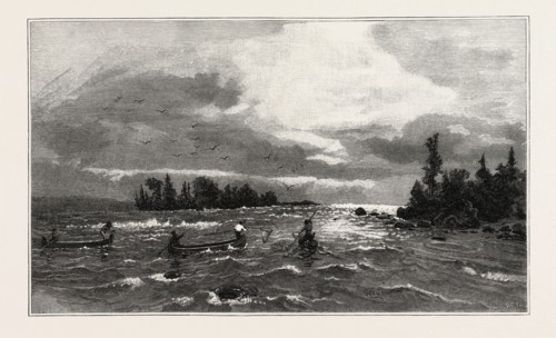 THE UPPER LAKES, THE SAULT STE. MARIE RAPIDS, CANADA, NINETEENTH CENTURY ENGRAVING