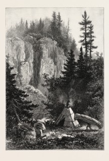 THE UPPER LAKES, CAMPING GROUND AT THE PORTAGE, CANADA, NINETEENTH CENTURY ENGRAVING