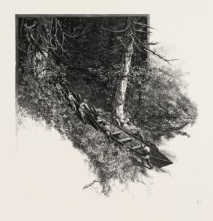 PORTAGING A BOAT, The practice of carrying a water craft, CANADA, NINETEENTH CENTURY ENGRAVING