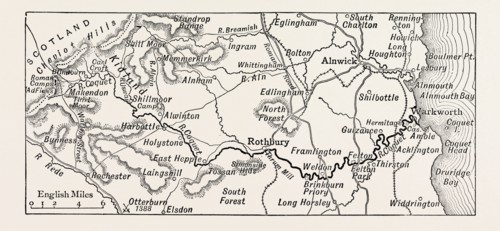MAP OF THE COURSE OF THE COQUET, UK. The River Coquet runs through the county of Northumberland,