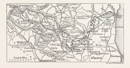MAP OF THE COURSE OF THE WEAR, in North East England rises in the Pennines and flows eastwards,