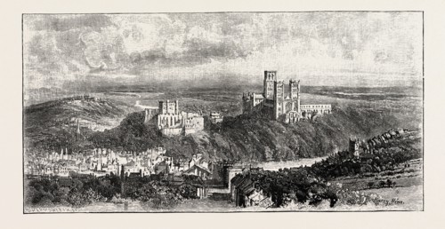 DISTANT VIEW OF DURHAM, UK. A city in north east England. Durham is well known for its Norman