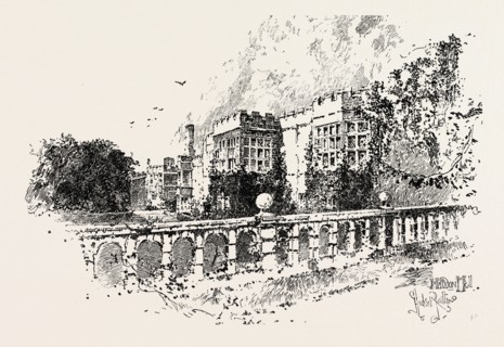 THE TERRACE, HADDON HALL, an English country house on the River Wye at Bakewell, Derbyshire, one of