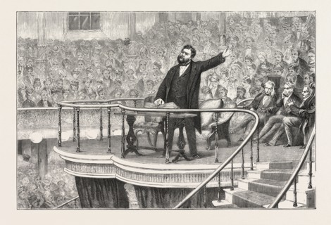 The south London tabernacle, mr. C.H. Spurgeon preaching on Sunday, 1876, UK, britain, british,