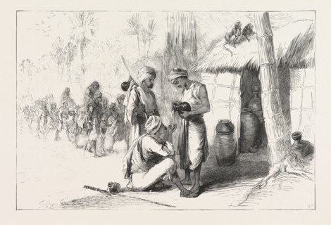 TRAVELLING IN INDIA: WAYSIDE SHED FOR SUPPLYING TRAVELLERS WITH WATER. ENGRAVING 1876