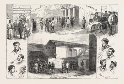 SKETCHES AT ERITH DURING THE STRIKE, a district of southeast London on the River Thames, ENGRAVING
