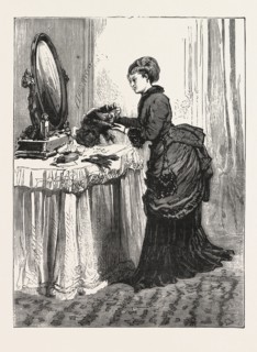 THE BIRD WEARER., WOMAN, FASHION, HAT, MIRROR, INTERIOR, DRESSING TABLE, ENGRAVING 1876, UK,
