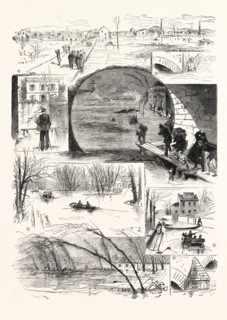THE FLOODING OF THE SEINE, ENGRAVING 1876, france, europe, european
