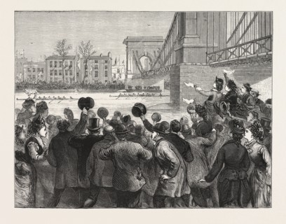 THE UNIVERSITY BOAT RACE THE STRUGGLE AT HAMMERSMITH BRIDGE. CAMBRIDGE LEADING, LONDON, ENGRAVING