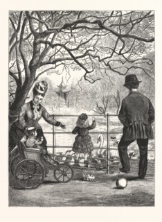 THE EASTER HOLIDAYS: FEEDING THE WATER-FOWL IN VICTORIA PARK, LONDON, ENGRAVING 1876, UK, britain,