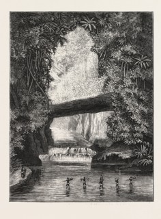 Central African exploration with Lieut. Cameron, crossing Lugungwa river, engraving 1876