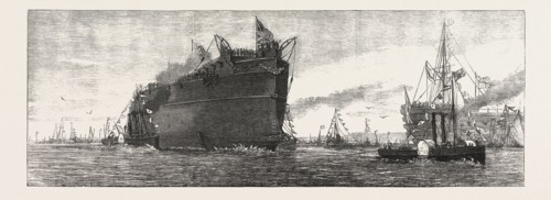 THE INFLEXIBLE  BEING TOWED TO HER MOORINGS. ENGRAVING 1876, UK, britain, british, europe, united