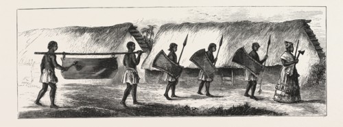 LIEUTENANT CAMERON IN CENTRAL AFRICA, KARIMBU (CHIEF NEAR KWAKASONGO) AND HIS TRAIN, ENGRAVING 1876