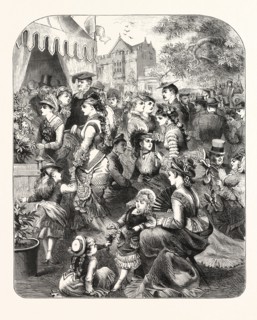 OXFORD COMMEMORATION: THE FLOWER SHOW IN THE GROUNDS OF ST. JOHN'S COLLEGE, DRAWING BY F. KIRBY,