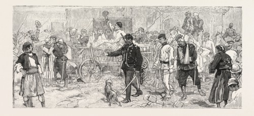 THE TURCO SERVIAN WAR, A CONVOY OF WOUNDED SOLDIERS ARRIVING AT BELGRADE, ENGRAVING 1876