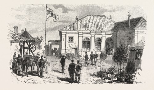 THE TURCO SERVIAN WAR: PRINCE MILAN'S HEAD-QUARTERS AT PARACHIN, ENGRAVING 1876