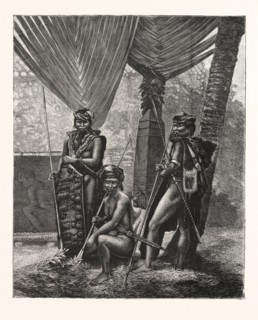 RECENT PIRACY AT THE STRAITS SETTLEMENTS : DYAKS OF BORNEO, ENGRAVING 1876