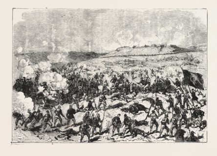 THE WAR, ATTACK ON THE REDOUBT OF SCHUMATORAZ  BY THE TURKISH IMPERIAL GUARD, ENGRAVING 1876