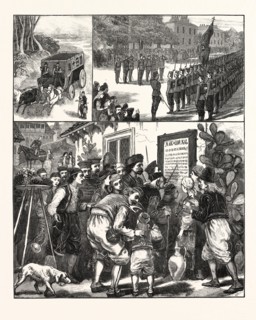 THE TURKO-SERVIAN WAR, PRINCE MILAN AND STAFF SALUTING THE SACRED FLAG OF RUSSIA, VILLAGE OF