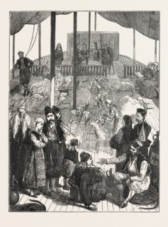 WOUNDED SERVIANS BEING TAKEN UP THE DANUBE FROM THE FRONT, ENGRAVING 1876