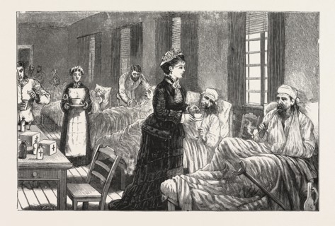 IN THE KATHERINE HOSPITAL, BELGRADE, SERBIA, ENGRAVING 1876