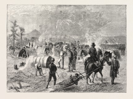 GENERAL CROOK'S CAMP AT WHITEWOOD CREEK: BRINGING IN A WOUNDED SOLDIER ON A TRAVAU, THE SIOUX WAR,