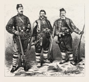 THE WAR, TWO  MEMBERS OF THE YOUNG BULGARIAN ON THE RIGHT, ENGRAVING 1876