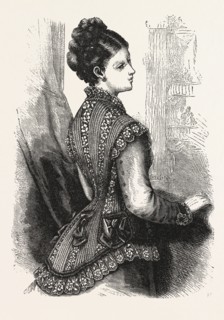FASHION, NET INSERTION AND LACE SLEEVELESS JACKET, ENGRAVING 1876, UK, britain, british, europe,