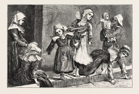 SKETCHES IN BRITTANY, FRANCE, CHILDREN PLAYING THE GAME OF ANABEL, ENGRAVING 1876