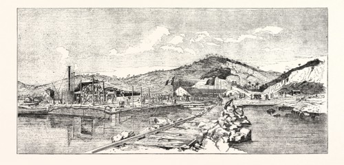 EXPERIMENTS WITH THE 100 TON GUN AT SPEZIA OR LA SPEZIA, ITALY , ENGRAVING 1876