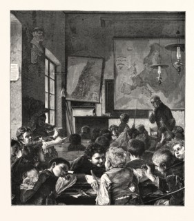 PREPARING FOR THE CHRISTMAS HOLIDAYS, THE INTERRUPTED LESSON, ENGRAVING 1876