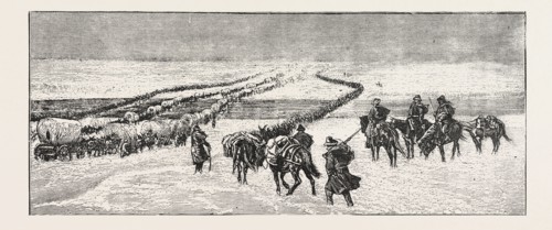 THE SIOUX WAR: THE POWDER RIVER EXPEDITION CROSSING THE PLATTE RIVER, ENGRAVING 1876, US, USA,