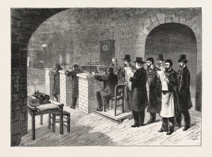 ASTRONOMICAL EXPERIMENTS IN THE CAVES OF THE NORMAL SCHOOL, PARIS, FRANCE, ENGRAVING 1876